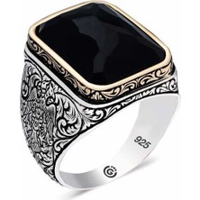 Fumeyabi Gümüş Zirkon Siyah Taşlı Kare Erkek Yüzük