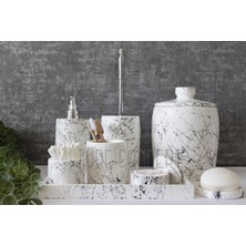 UltraMint Siyah Beyaz Desenli Banyo Seti: Çöp Kovası, Tuvalet Fırçası, Tepsi, Sabunluk, Pamukluk