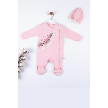 Veralya Çiçek Nakışlı Şapkalı % 100 Pamuk Kız Bebek Tulumu