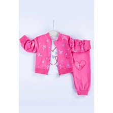 Veralya Kalp Desenli Hırkalı Pamuklu 3'lü Kız Bebek Takımı