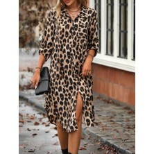 Başak Collection Kadın Leopar Desenli Cep Detay Kolu Manşetli Moskrep Gömlek Elbise