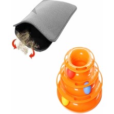 Braventa Collection 2 Li Set Tower Of Tracks Kedi Oyuncağı + Elekli Kedi Tuvalet Paspası (Gri)