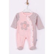 Veralya Çiçek Nakışlı % 100 Pamuk Ayaklı Kız Bebek Tulumu