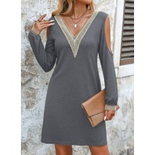 Başak Collection Kadın Uzun Kollu Omuzdan Açık V Dantel Yakalı Mini Waffle Elbise