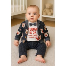 Veralya Papyonlu Bear Çizgili Model Ceketli 3'lü Erkek Bebek Takımı