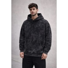 Başak Collection Erkek Yağ Yıkamalı Kapşonlu Double Oversize Üç Iplik Pamuklu Sweatshirt - Siyah