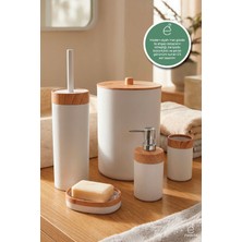 UltraMint Ahşap Desenli 5'li Banyo Seti: Çöp Kovası, Sıvı Sabunluk, Diş Fırçalık, Sabunluk