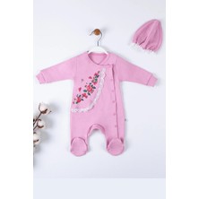 Veralya Çiçek Nakışlı Şapkalı % 100 Pamuk Kız Bebek Tulumu