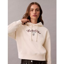Calvin Klein Kadın Kapüşonlu Yaka Ck Baskılı Uzun Kollu Rahat Kesim Beyaz Sweatshirt LV047E208G-YAT