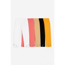 Mini Kanka Kız Çocuk 5’li Kapri Tayt Seti – Düz Renk, Esnek Kumaş, Paça Boncuk Detaylı Günlük Tayt