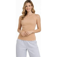 Equri Fitilli Atlet Sıfır Yaka Slim Fit Arka Baskılı Spor Atlet - Bej