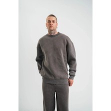 Başak Collection Erkek 3 Iplik Pamuklu Yağ Yıkamalı Sweatshirt Double Oversize Bisiklet Yaka Uzun Kol - Füme