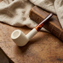 Goldenlight Meerschaum El Oyması Lületaşı Pipo Nokta Dokulu Silindir Kase, Akrilik Ağızlık, 9 mm Filtreli Özel Model