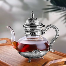 PremiumPort Şık Gümüş Metal Aparatlı Borosilikat Cam Demlik, Zarif ve Dayanıklı Tasarım