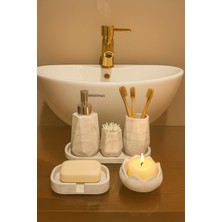 UltraMint Mermer Dokulu 6 Parça Banyo Seti: Mumluk, Sabunluk, Fırçalık, Kulak Çubuğu, Tepsi