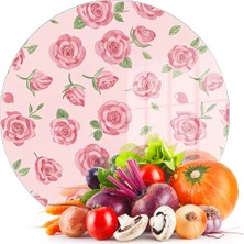 Decovetro Cam Kesme Tahtası ve Sunumluk Yuvarlak Love Serisi Gül Desenli 30 x 30 cm