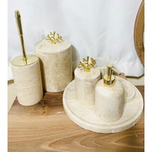 UltraMint 7l Traverten Banyo Seti, Mercan Detaylı Altın Aksesuar ile Şıklık Katıyor