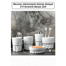 UltraMint 5'li Mermer Görünümlü Gümüş Detaylı Seramik Banyo Seti