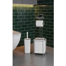 UltraMint Şık Beyaz Krom Çöp Kovası ve Wc Fırçalık Seti, Modern Ev Dekoru