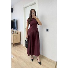 Başak Collection Asimetrik Düşük Yaka Kolsuz Uzun Elbise - Bordo
