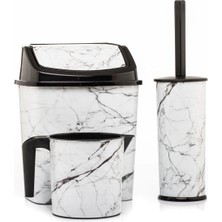 UltraMint Beyaz Mermer Desenli 3’lü Banyo Seti, Çöp Kovası, Wc Tuvalet Fırçası, Maşrapa