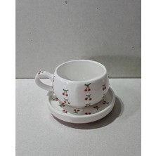 RGS Homelife Seramik El Yapımı Kiraz Desen Tabaklı Kupa, Türk Kahvesi, Çay Bardağı