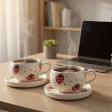 RGS Homelife 2'li El Yapımı Seramik Kupa Seti, Seramik Kahve, Espresso ve Çay Kupa Seti Çilek Desenli Kupa