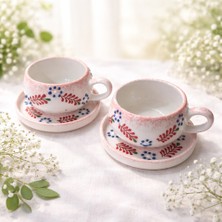 RGS Homelife 2'li El Yapımı Seramik Kupa Seti, Seramik Kahve, Espresso ve Çay Kupa Seti Dantel Desenli Kupa