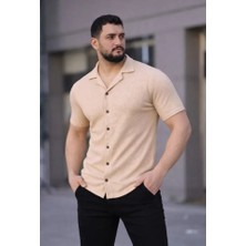 Başak Collection Erkek Waffle Kumaş Kısa Kollu Düğmeli Açık Yaka Regular Fit Gömlek - Bej