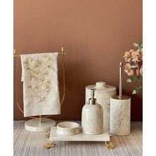 UltraMint Şık Bej Mermer Ginko Banyo Seti, 6'lı, Dekoratif ve Detaylı Tasarım