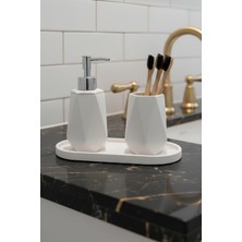 UltraMint Şık Beyaz Mermer Dokulu 3 Parça Banyo Seti: Sabunluk, Fırçalık, Tepsi