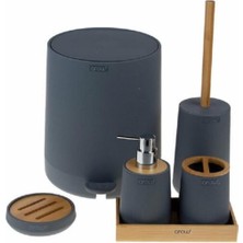 UltraMint Bambu Kapaklı Akrilik 6 Parça Yuvarlak Banyo Seti Gri