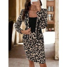 Başak Collection Kadın Uzun Kollu Önü Açık Leopar Desen Modal Ceket ve Etek Ikili Takım