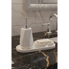 UltraMint Beyaz Mermer Dokulu 3 Parça Banyo Takımı: Sıvı Sabunluk, Katı Sabunluk, Tepsi