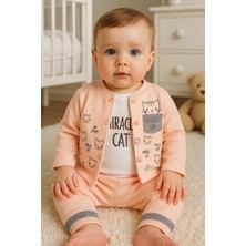 Hazego Kedi Desenli 3'lü Hırkalı Kız Bebek Takım