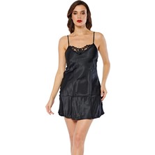 Hazego Siyah Saten Gecelik - M-268