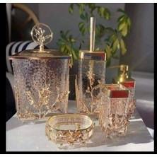 UltraMint Şeffaf Cam 5’li Banyo Seti, Çok Çiçekli Gold Pirinç Tasarımı
