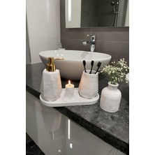 UltraMint Şık Mermer Dokulu 5 Parça Banyo Seti: Sabunluk, Fırçalık, Tepsi, Mumluk, Vazo