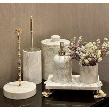 UltraMint Şık Bej Mermer Ginko Banyo Seti, 6 Parça Dekoratif Aksesuarlarla