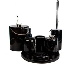 UltraMint Şık Siyah Mermer ve Gümüş Kuş Detaylı 7'li Banyo Seti