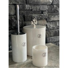 UltraMint Beyaz Mermer Çöp Kovası, Wc Fırçalığı ve Diş Fırçalık 3'lü Set