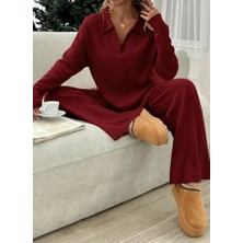 Başak Collection Kadın Uzun Kollu V Yakalı Şardonlu Kaşkorse Bluz ve Pantolon Ikili Takım