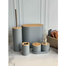 UltraMint Akrilik 5 Parça Banyo Seti, Bambu Kapaklı, Gri Renkli, Şık ve Fonksiyonel