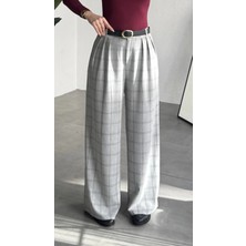 Asfa Moda Kadın Gri Ekoseli Kareli Yüksek Bel Bol Paça Palazzo Kumaş Pantolon