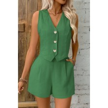 Başak Collection Kadın Kolsuz Askılı V Yakalı Önden Düğmeli Ithal Keten Ceket ve Short Ikili Takım