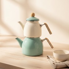 Bambum Nostalji Ahşap Kulplu Çaydanlık Yeşil 1 l Üst Demlik ve 2,1 l Alt Demlik ile Kullanışlı