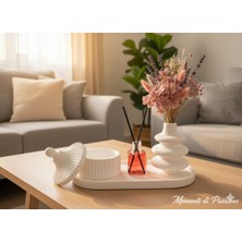 Momenti Di Passione 5 Parça Bohem Dekorasyon Seti; Beyaz Taş Tozu Vazo, Kapaklı Saklama Kasesi, Fresh Bambu Oda Kokusu ve Oval Sunum Tabağı