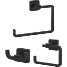 UltraMint Banyo Seti: Kare Mat Siyah Askılık, Kapaksız Kağıtlık ve Yuvarlak Havluluk