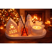 Momenti Di Passione Lüks Kış Konsepti 7’li Dekorasyon Seti; Beyaz Taş Tozu Kardan Adam, Çam Ağacı, Tealight Mumluk, Ev Figürü ve Fresh Bambu Oda Kokusu Kar Tanesi , Alt Tabağı Hediyelik Set