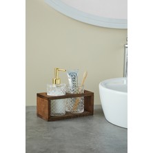 UltraMint Şık Ahşap Cam Sıvı Sabun ve Diş Fırçalık Banyo Seti